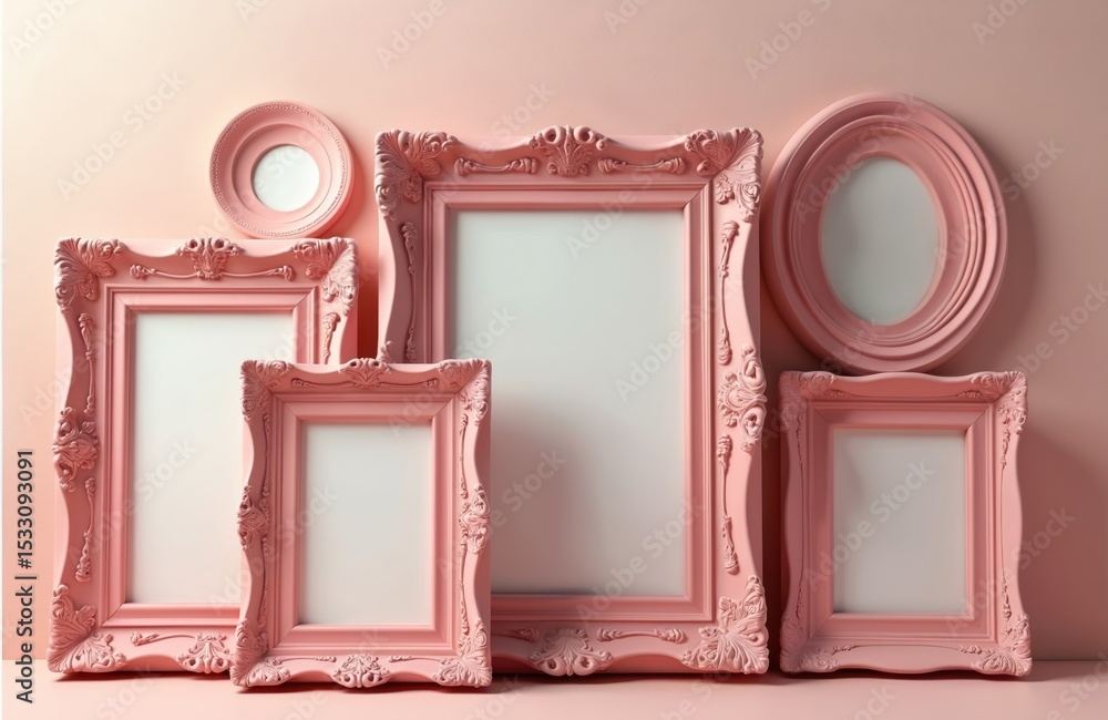 Poster pink ornate picture frames. vintage photo borders for elegant displays. decorative empty frames of d