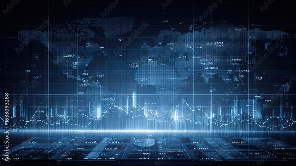 Poster futuristic tech world map with grid layout and data visualization