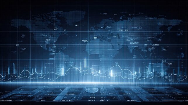 Futuristic Tech World Map with Grid Layout and Data Visualization