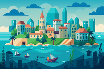 Fototapeta premium Coastal Flood Disaster Scene Vector Illustration