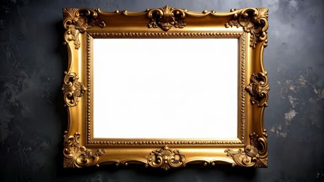 Elaborate golden frame with ornate carvings against textured dark gray wall creates blank canvas for interior design