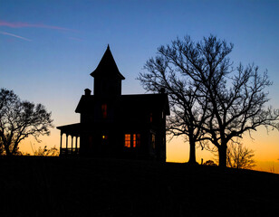 Halloween silhouetted spooky house with an awesome sunset, illustration. AI