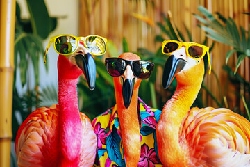 Colorful flamingo bird trio in funky outfits on bright background for birthday party advertisement