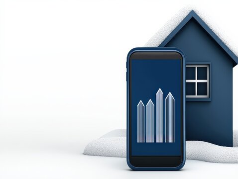 A smartphone displaying a bar graph stands next to a small blue house model on a white surface.
