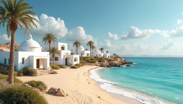 Idyllic Tunisia Djerba island Guellala village. White buildings, blue skies, palm trees, ocean. Traditional architecture, coastal scenery, summer vacation. Famous travel destination, tourist spot,