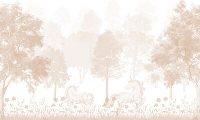 Aged Magical Wall Mural: Faded Sepia Unicorn, Deer & Abstract Forest Background © csinie1