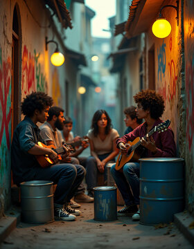J&oacute;venes se divierten tocando m&uacute;sica en callej&oacute;n pintoresco al caer la tarde.