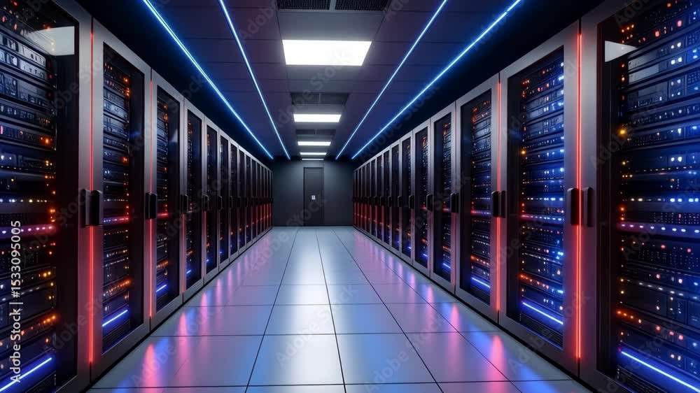 Poster isometric view of server racks with blue and red glowing lights in a server room with a dark door in