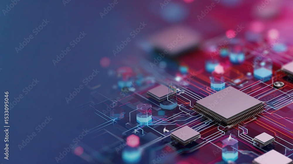Aufkleber close-up view of modern computer chips and technology network design