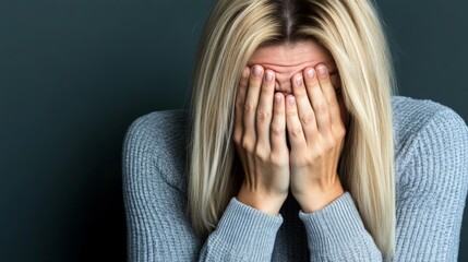 Woman with blonde hair covering her face with hands, expressing distress or anxiety