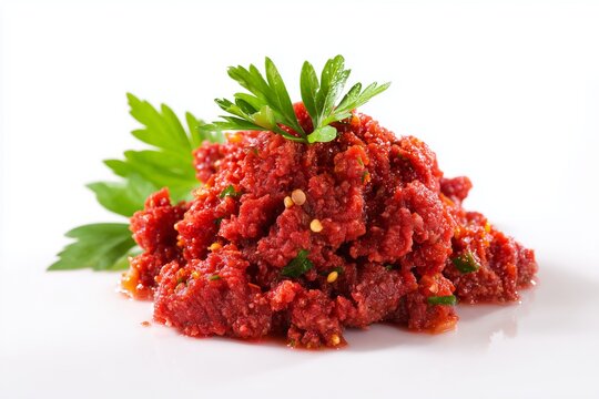 Minced raw beef kitfo marinated in mitmita and niter kibbeh served with fresh garnish on a white background