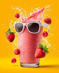 Glass of strawberry smoothie wearing sunglasses on yellow background playful summer concept with fun artwork styling.