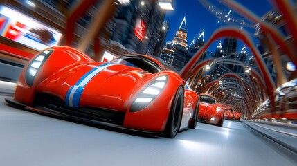 Futuristic red race car speeding through a vibrant city tunnel at night with bright lights and modern skyscrapers