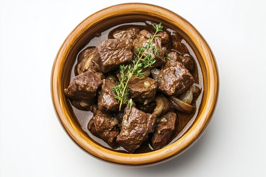 Beef slow-cooked in rich onion sauce showcases the delicious Lahma bil Basal served in a traditional dish against a clean white background