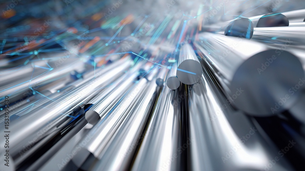 Poster shiny cylindrical bars with connecting data lines in abstract scene
