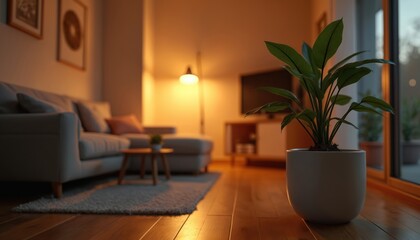 Cozy apartment interior at night. Focus potted plant, warm lighting. Modern home design with comfortable furniture. Living room with calm and relaxing atmosphere. Stylish decor.