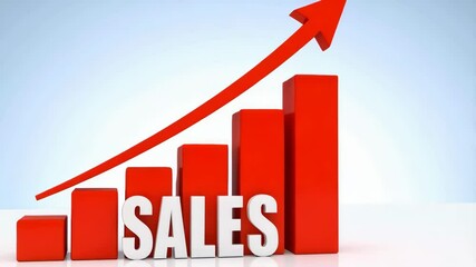 Dynamic rising red sales bar graph with upward trending arrow for business growth and success in a minimalist graphic animation - Powered by Adobe