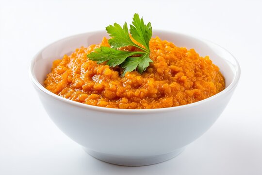 Spicy red lentil stew misir wat served in a bowl, showcasing its rich, vibrant color and garnished with fresh herbs for an appealing presentation