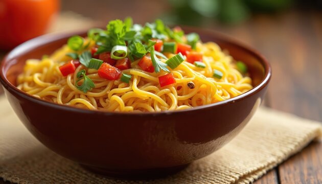 Close-up view masala maggi noodles served in bowl. Instant spicy ramen noodles with fresh green onion, red peppers, and herbs. Food for lunch or dinner.