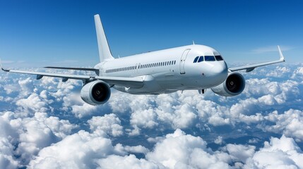 Fototapeta premium A modern white commercial airplane flying high above the clouds in clear blue sky