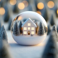 Enchanting winter wonderland with a cozy house nestled inside a Christmas ball captured in high-definition detail