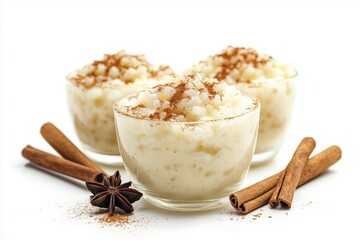Creamy Roz bel Laban rice pudding with milk and vanilla, garnished with cinnamon and served in glass bowls against a white background