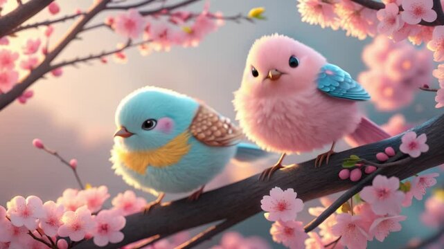 Two love birds on cherry blossom tree in spring mood, bird cartoon