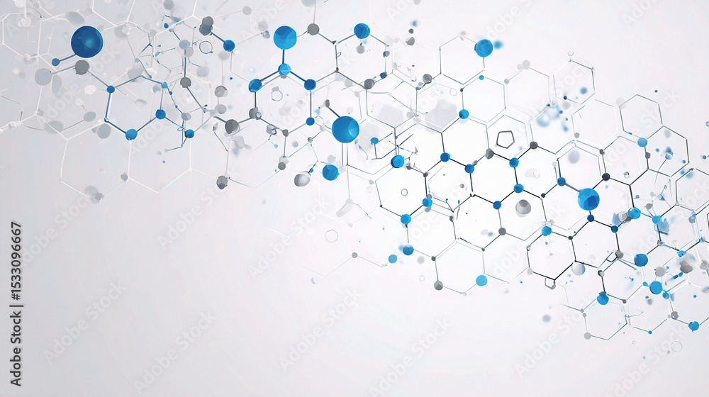 Poster abstract hexagonal network pattern with data nodes in blue and gray
