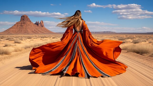 Woman in flowing orange dress walking through desert landscape with rock formations and blue sky