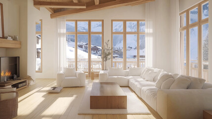 Fototapeta premium Cozy living room with large windows offering a snowy mountain view, featuring comfortable furniture and warm sunlight during winter season