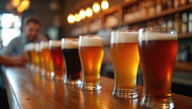 Variety of beer glasses on wooden bar. Assorted beer types, from light to dark, are ready for tasting. Refreshing alcohol drink for happy hour, pub, brewery. Oktoberfest concept.