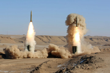 Missile launch during military exercise in a desert region showcasing modern weaponry and strategic capabilities in a clear blue sky