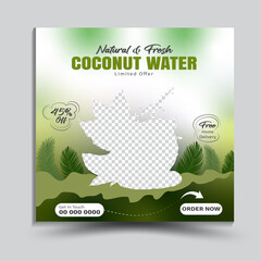 Fresh & Natural Food Coconut Refreshing Water Sale On Summer Promotion Ad Social Media Web Banner Flyer Design. Celebrate World Coconut Day with vibrant tropical coconut tree and fruit mockup template