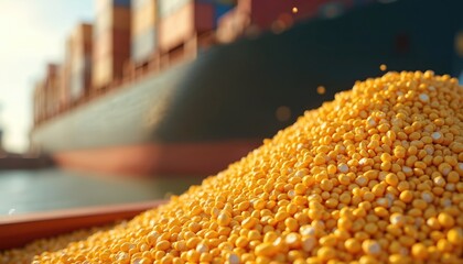Corn grain loading onto cargo ship dock. Illustration of bulk harvest agriculture transport export. Industrial business logistics, commodity shipment. Sea harbor crane, machine transportation,