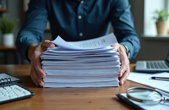 Caucasian businessman holds stack of documents, reports. Man works in office, analyzes information. Workplace with laptop, documents, pen, calculator, magnifying glass. Finance, accounting, business