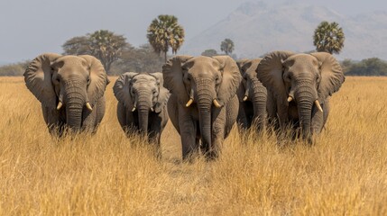 Obraz premium Group of five elephants walking through a grassy savannah landscape