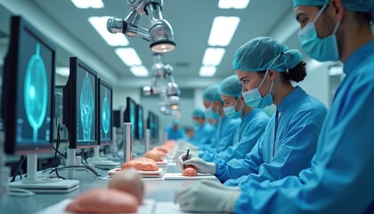 Medical robotics development center surgeons engineers work with robotic surgical systems. Anatomical models present, testing on synthetic tissues. Clean room, intense focus on medical innovation.