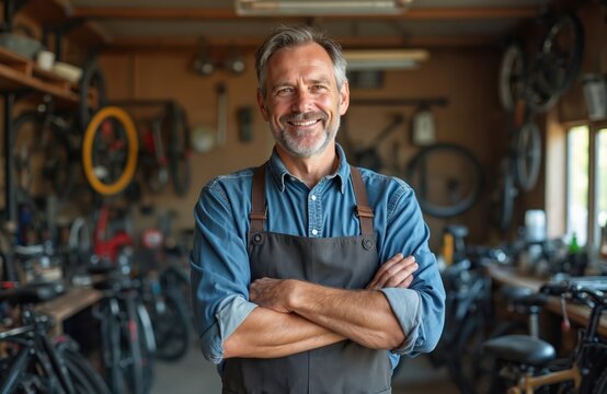 Portrait of happy mature man in apron standing in bicycle repair shop with crossed arms. Pro mechanic workshop owner smiling. Confident male ready to fix bikes.