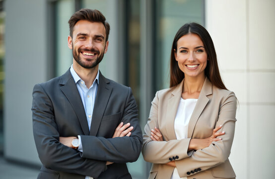 Young business partners, man and woman, pose outside office. Smiling confident business people stand with crossed arms. Successful team ready for partnership and corporate events.