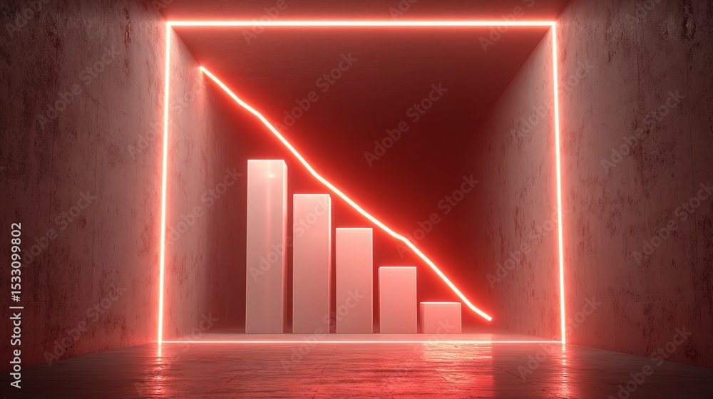 Poster neon 3d bar chart displaying downward trend in data visualization