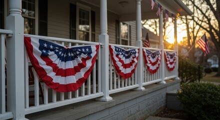 American house exterior decorated for fourth of July with patriotic bunting in colors of USA flag, stars and stripes pattern. Independence day celebration, national pride concept