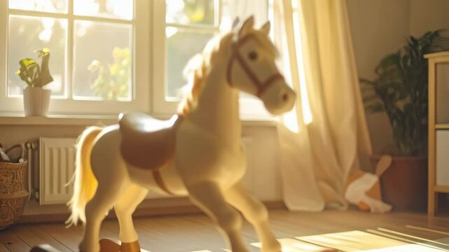 Nostalgic childhood memories, rocking horse in a sunlit room, inviting and warm light indoors, calm atmosphere, children's play area, cozy ambiance