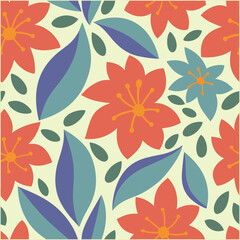 Bold floral seamless pattern with red orange blue and green flowers and leaves