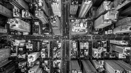 High-Angle Black-and-White Architecture Shot Featuring City Grid and Geometric Forms with Minimalist Design Elements in a Clean, Abstract Urban Composition