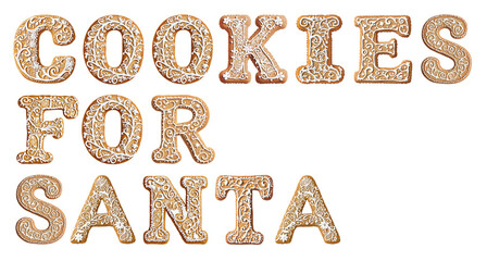 Naklejka premium Cookies For Santa Text Composed of Gingerbread Cookies with Glaze Isolated on White and Png Transparent Background