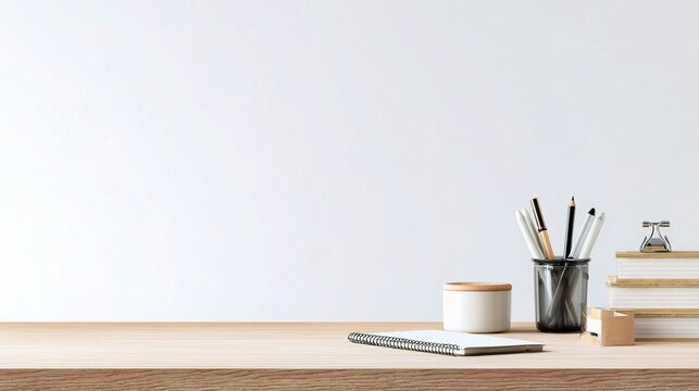 Clean Office Table with Pens, Notepad, and Stapler for Workspace