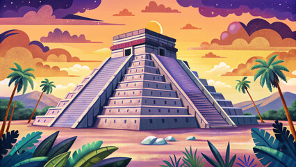 Chichen Itza Mayan pyramid in Yucatán, Mexico, with ancient stone steps, jungle surroundings, clear sky, and archaeological heritage theme