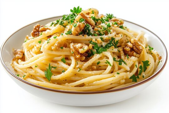 Kashk pasta topped with fried onions and nuts presented in an elegant bowl showcasing Persian culinary adaptation