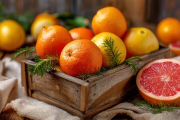 Vibrant Citrus Assortment: Oranges, Lemons, and Grapefruit in a Rustic Wooden Box with Greenery Sprigs