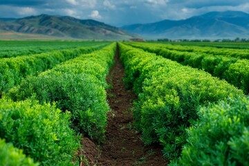 Vibrant field with dense green plants in aligned rows against a distant mountain backdrop under a clouded sky